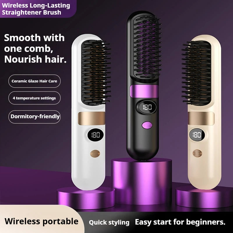 3-in-1 Hair Straightener Brush, Compact & Portable for Home and Travel, 4-Speed Fast Heating Styling Helper