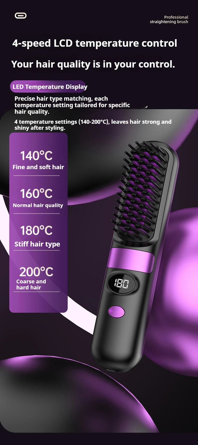 3-in-1 Hair Straightener Brush, Compact & Portable for Home and Travel, 4-Speed Fast Heating Styling Helper